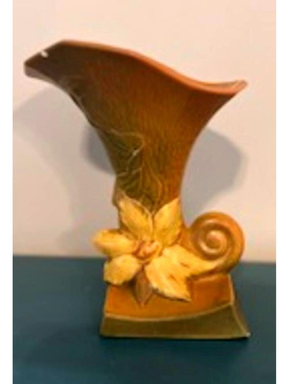 Vintage Roseville Clematis Cornucopia Vase in autumn brown glaze